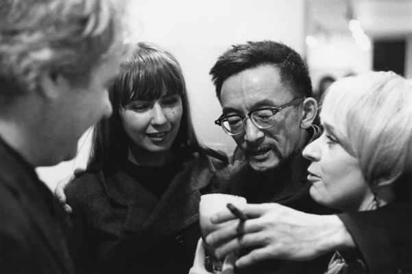 Jean Goguen, Monica Kiyooka, Roy Kiyooka and a friend at the opening of the Roy Kiyooka exhibition at the Galerie du Siècle