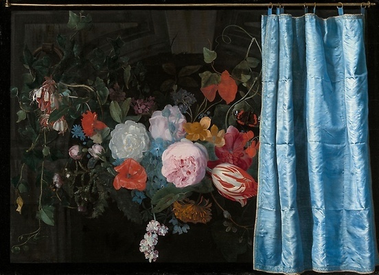 Trompe L'oeil Still Life with a Flower Garland and a Curtain