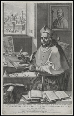 Cardinal Roberto Bellarmino at his desk, writing