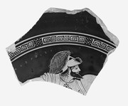 Attic Red-Figured Cup or Bowl Fragment with Warrior Wearing Scalp of Enemy on Helmet