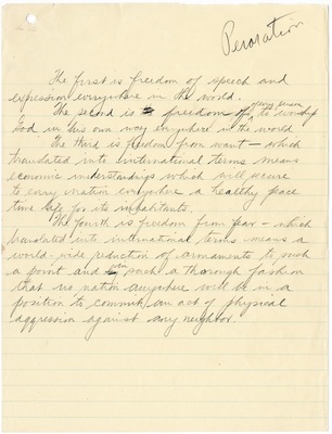 Rosenman's Draft of Peroration (Four Freedoms Speech)