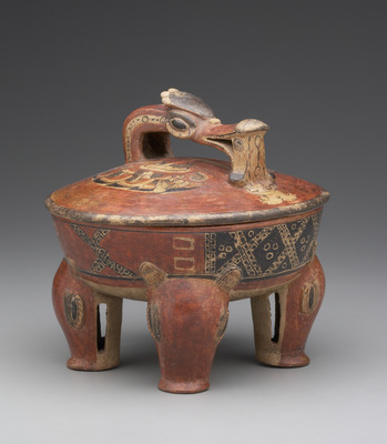 Lidded Vessel with Peccaries, a Bird, and Fish