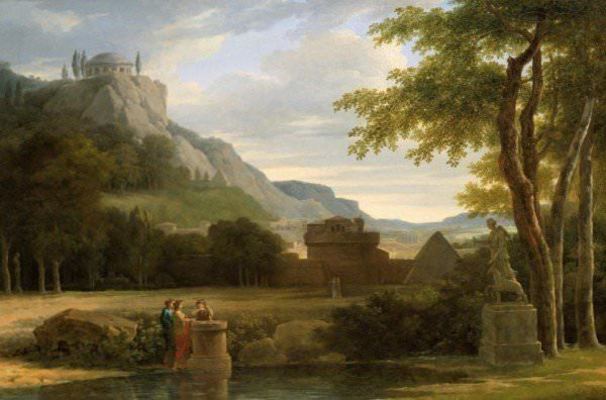 Classical Greek landscape with girls cutting their hair in sacrifice to Diana on the bank of a river