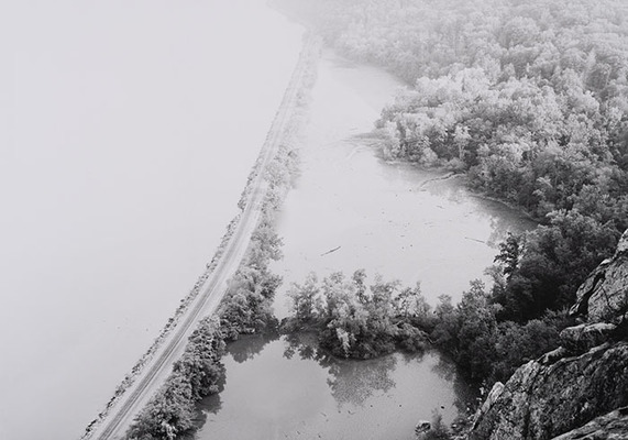 Bright lifting river fog – Early morning, Looking downstream – The Hudson River, Storm King Mountain, Orange County, New York, U.S.A., North America