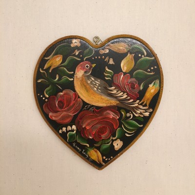 8. Painted Wooden Amish Bird on Heart