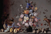 Still Life with Tilted Basket of Fruit, Vase of Flowers, and Shells