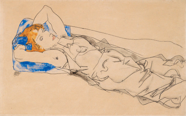 Study of a Female Figure (Wally Neuzil) Reclining against a Blue Cushion, Her Arms Raised and Held behind her Head