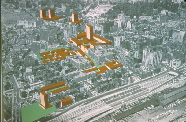 View of Medical Center from the Southeast Expressway, with proposed expansion in orange