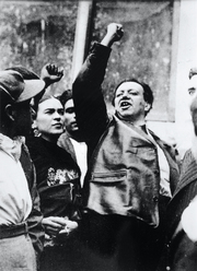 Frida Kahlo and Diego Rivera in an anti-fascism demonstration