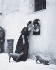 Frida Kahlo looking into the patio mirror with two dogs