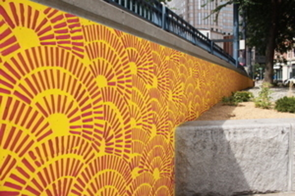 Pink Lines as Concentric Arches on Yellow (Boston Bloom), 2016 